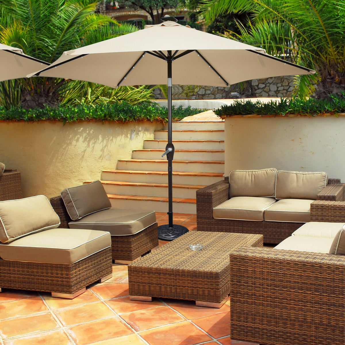 9 x 8 Feet Solar LED Market Umbrella with Tilt & Crank - 18 Lights, Beige