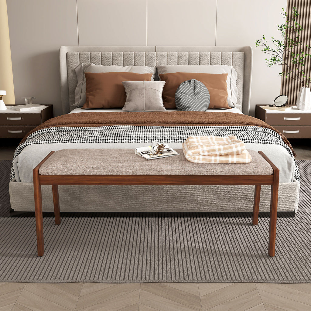 45 Inch Farmhouse Backless Bench with Rubber Wood Legs and Fabric