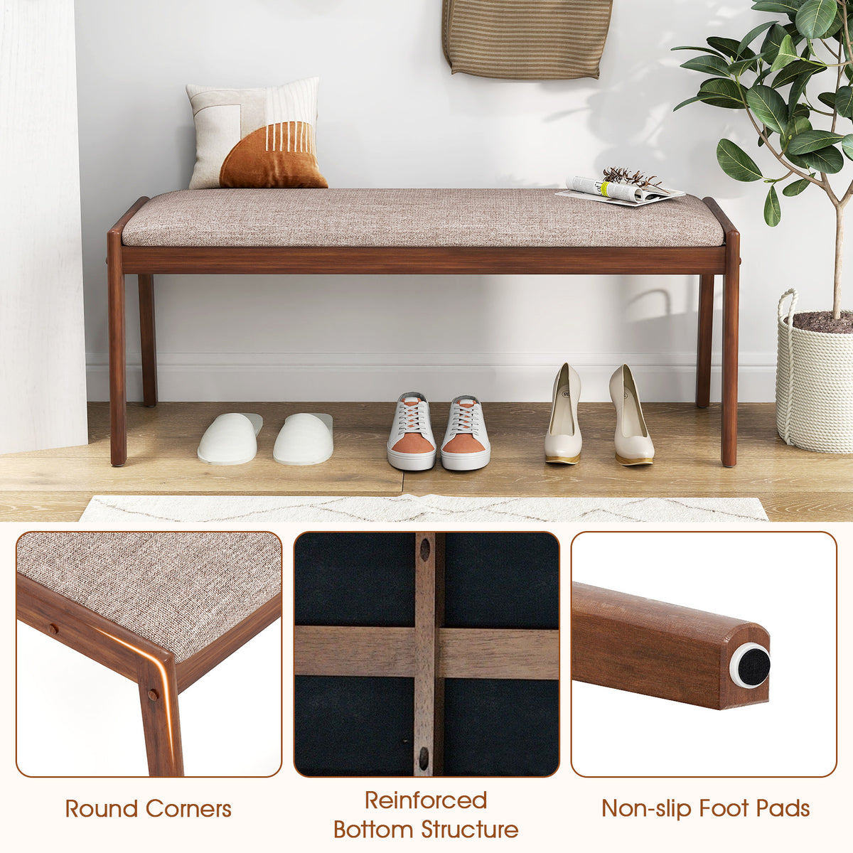45 Inch Farmhouse Backless Bench with Rubber Wood Legs and Fabric