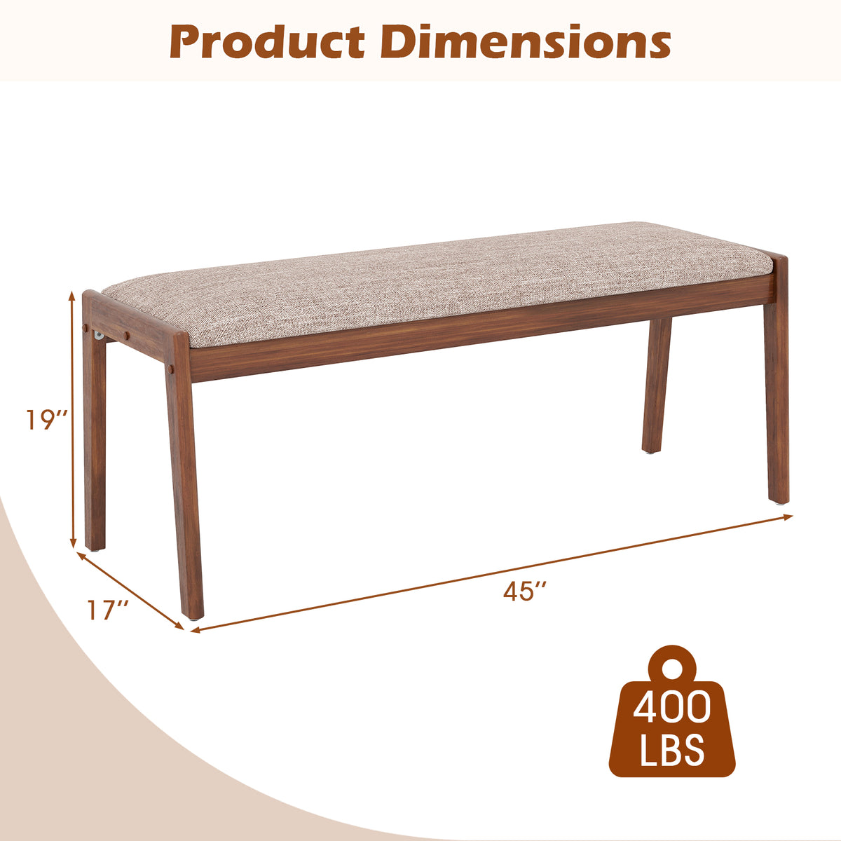 45 Inch Farmhouse Backless Bench with Rubber Wood Legs and Fabric