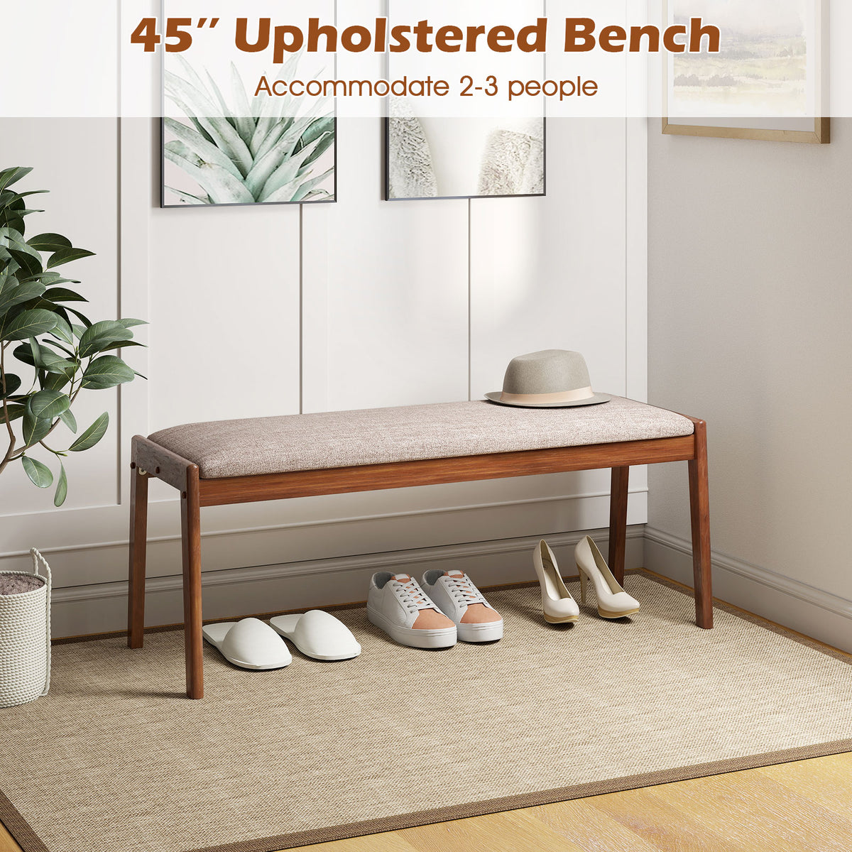 45 Inch Farmhouse Backless Bench with Rubber Wood Legs and Fabric
