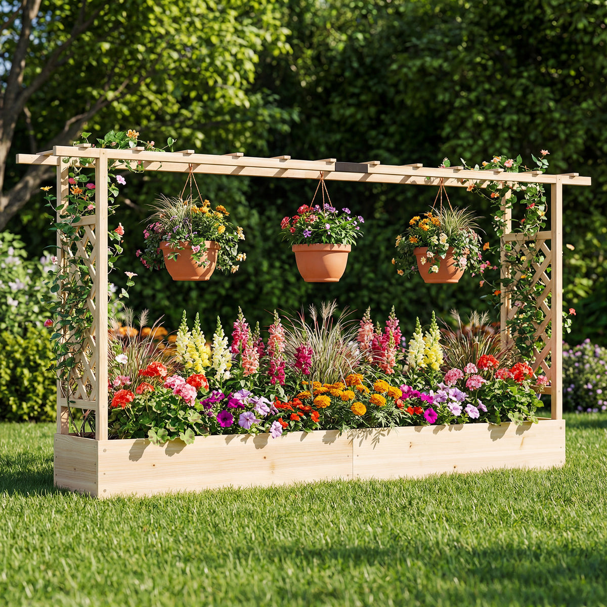 45 Inch Tall Wooden Raised Garden Bed with Side Trellis and Hanging