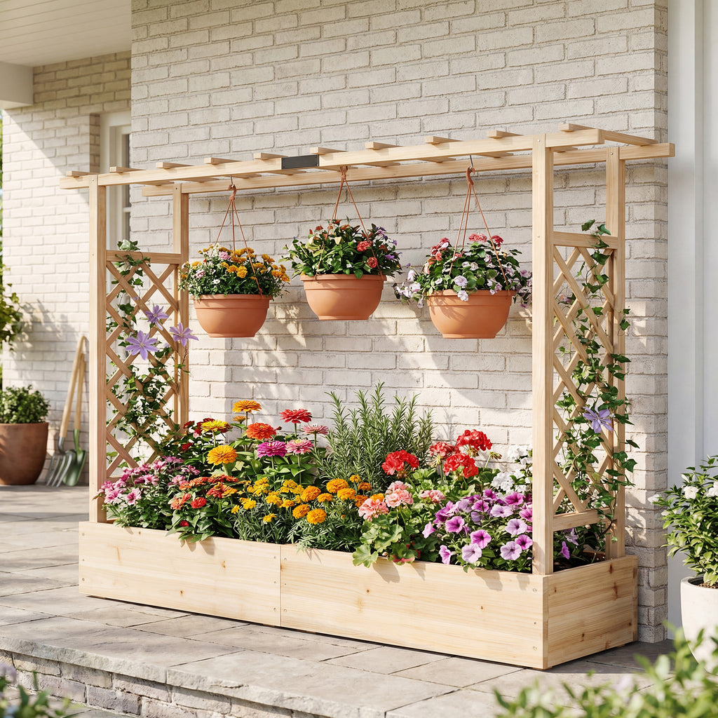 45 Inch Tall Wooden Raised Garden Bed with Side Trellis and Hanging