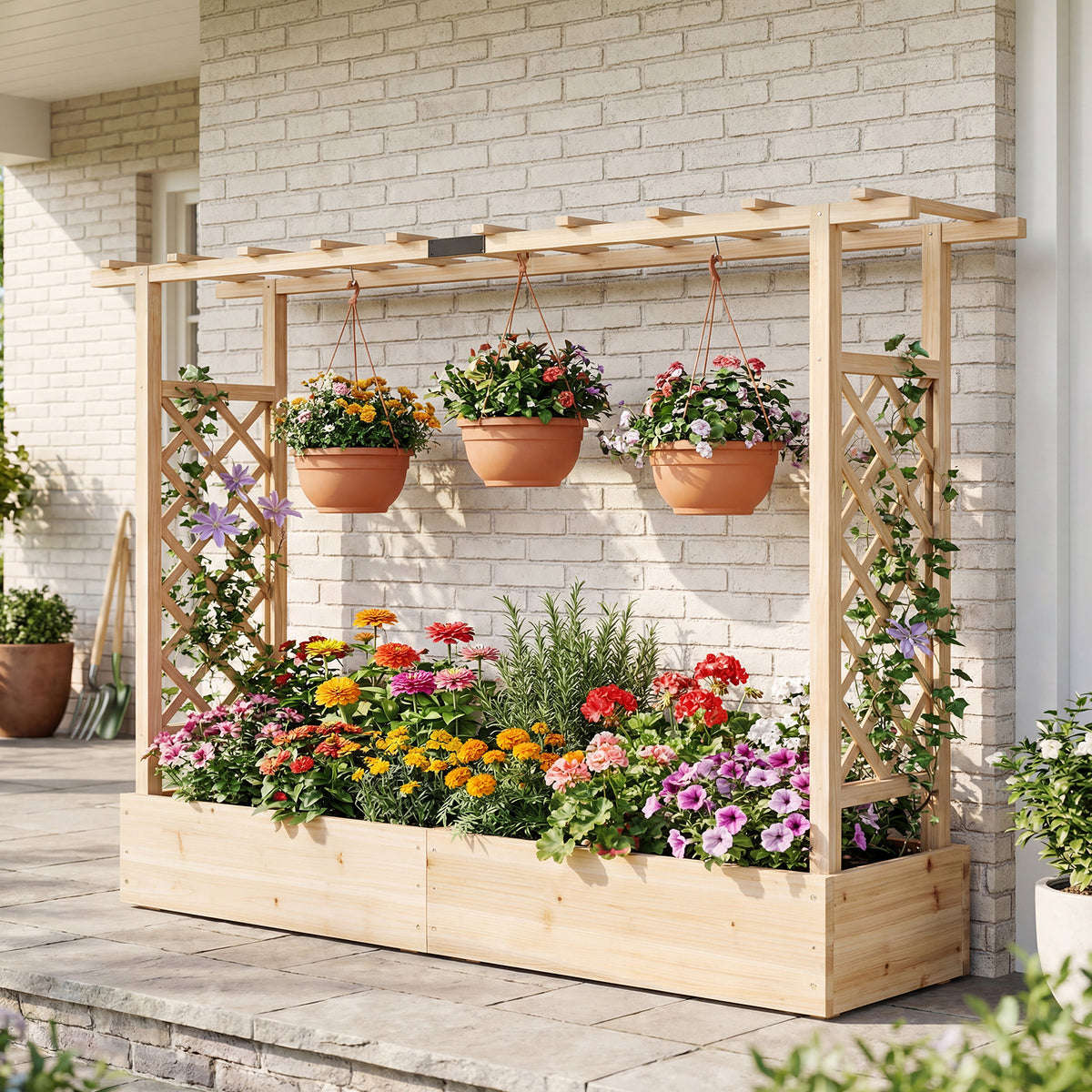 45 Inch Tall Wooden Raised Garden Bed with Side Trellis and Hanging