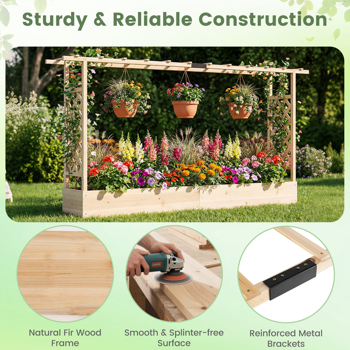 45 Inch Tall Wooden Raised Garden Bed with Side Trellis and Hanging