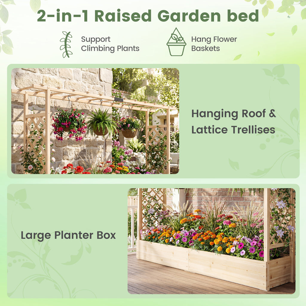 45 Inch Tall Wooden Raised Garden Bed with Side Trellis and Hanging
