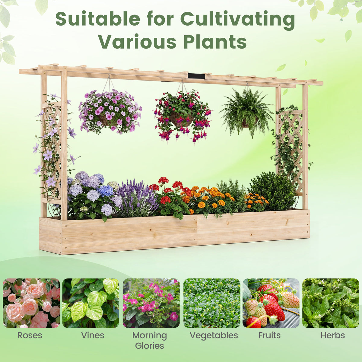 45 Inch Tall Wooden Raised Garden Bed with Side Trellis and Hanging