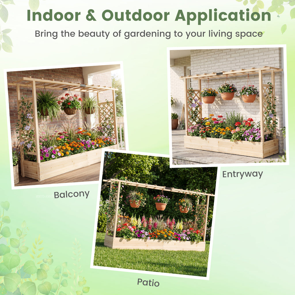 45 Inch Tall Wooden Raised Garden Bed with Side Trellis and Hanging