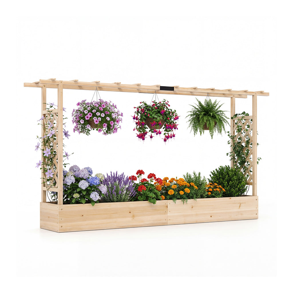 45 Inch Tall Wooden Raised Garden Bed with Side Trellis and Hanging