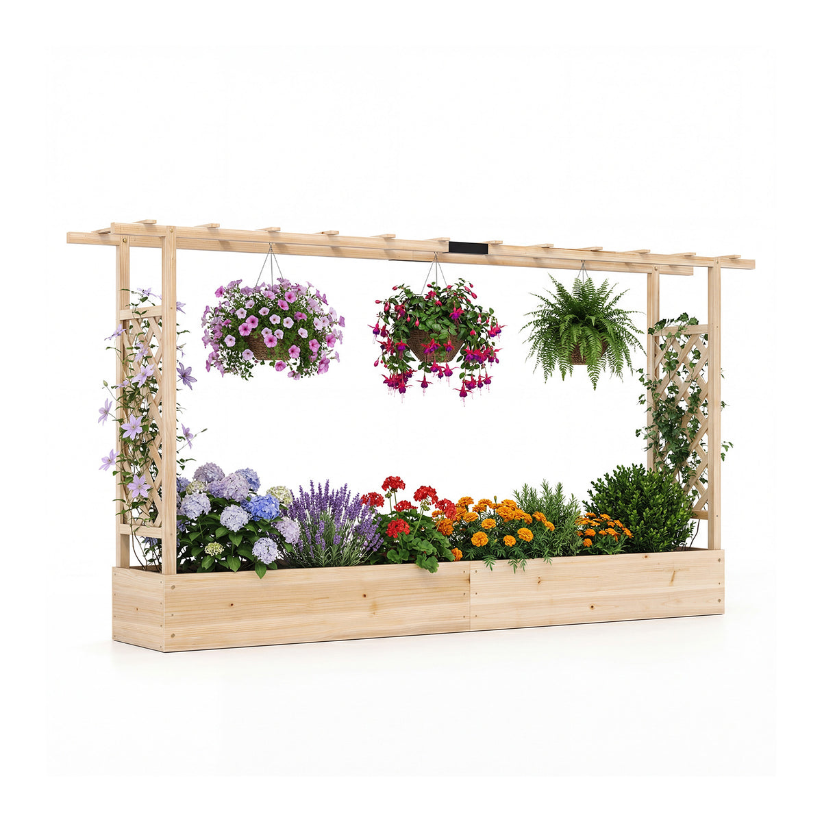 45 Inch Tall Wooden Raised Garden Bed with Side Trellis and Hanging