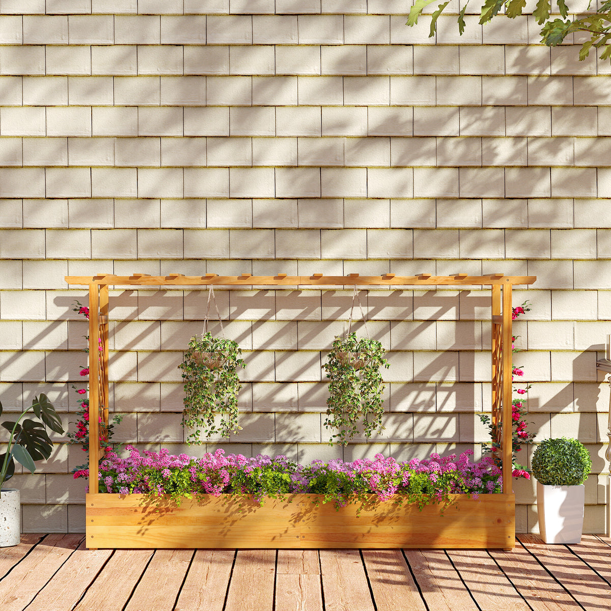 45 Inch Wooden Raised Garden Bed with Trellis - Natural