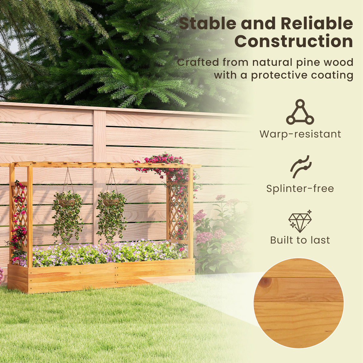 45 Inch Wooden Raised Garden Bed with Trellis - Natural