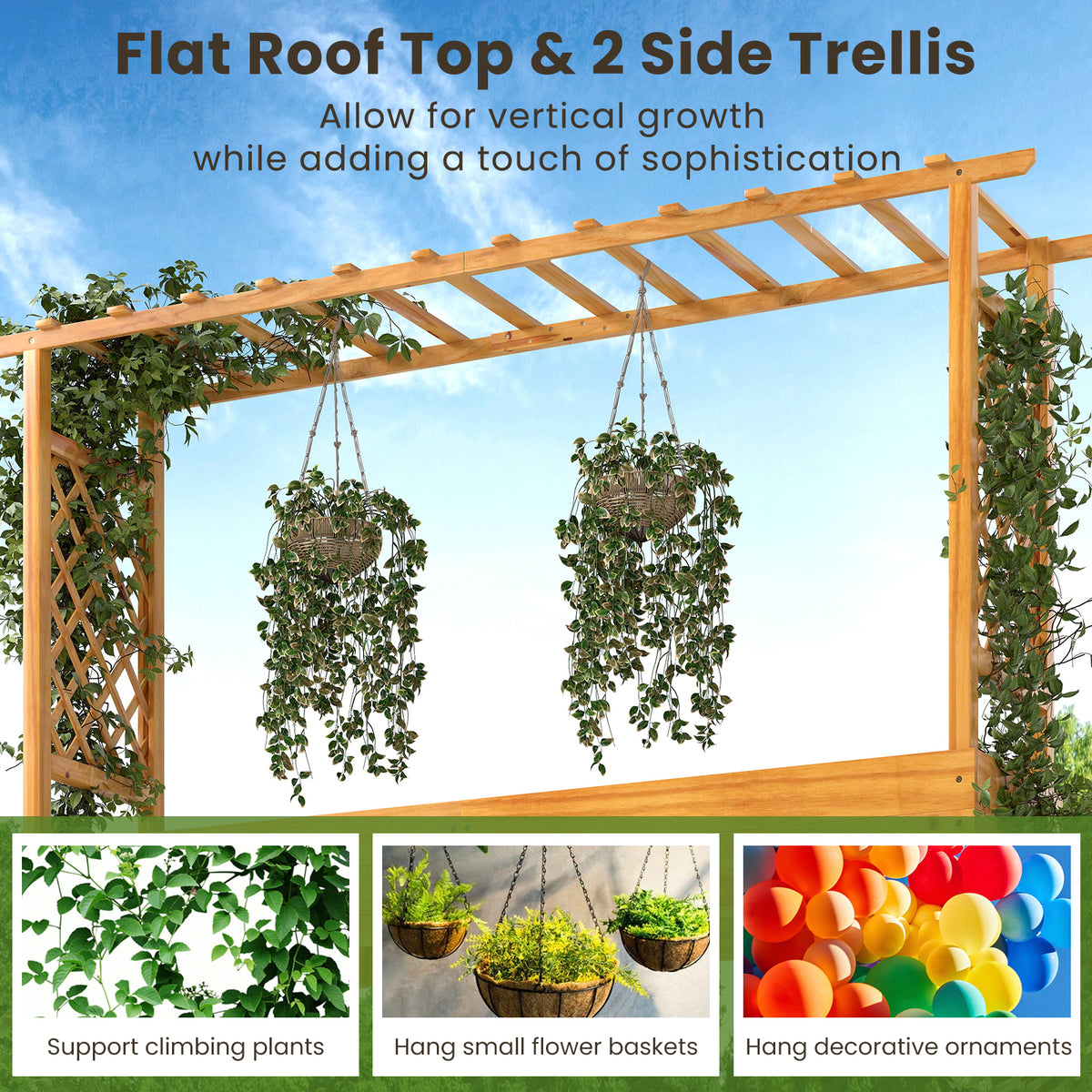 45 Inch Wooden Raised Garden Bed with Trellis - Natural