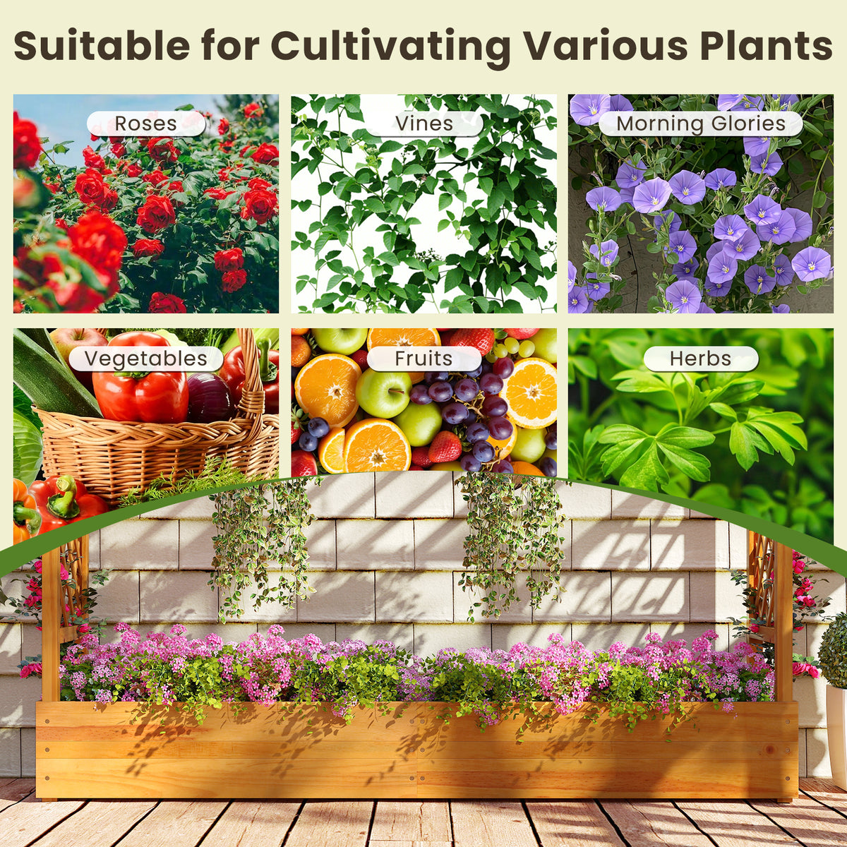 45 Inch Wooden Raised Garden Bed with Trellis - Natural