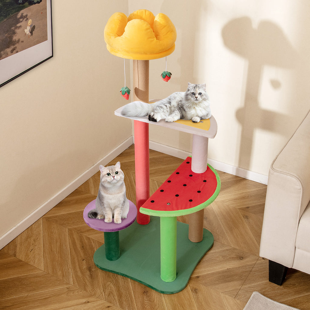 45 Inch Multi-Level Cat Tree with Plush Padded Top Perch and Fruit-Shaped Platforms - Costway