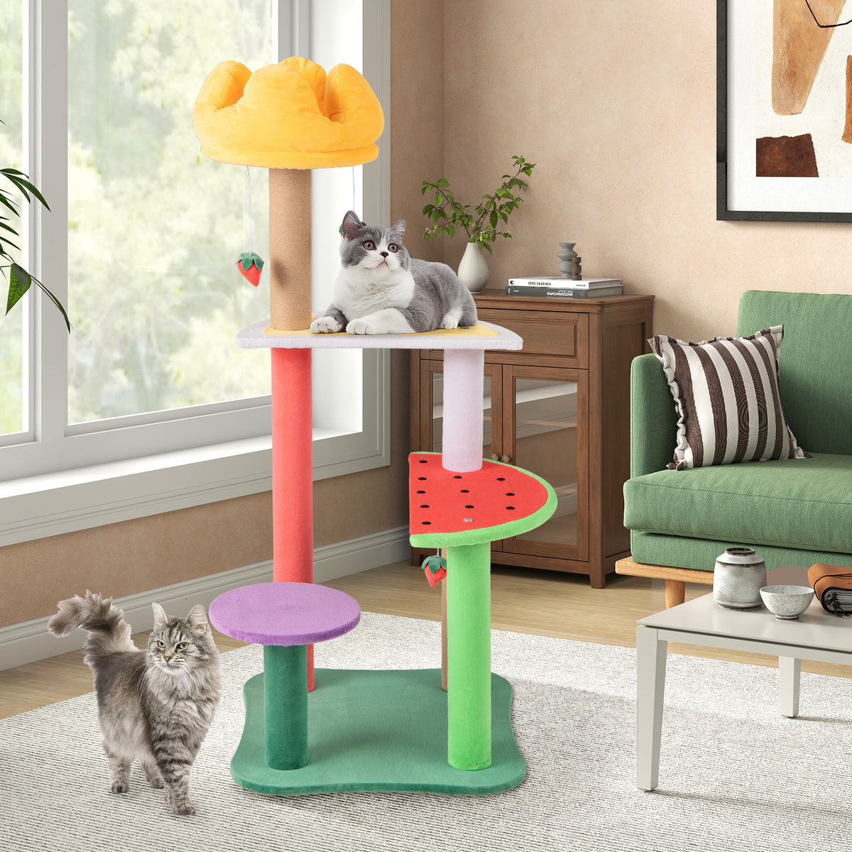 45 Inch Multi-Level Cat Tree with Plush Padded Top Perch and Fruit-Shaped Platforms - Costway
