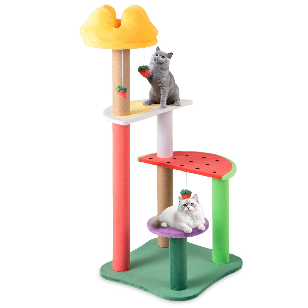 45 Inch Multi-Level Cat Tree with Plush Padded Top Perch and Fruit-Shaped Platforms - Costway