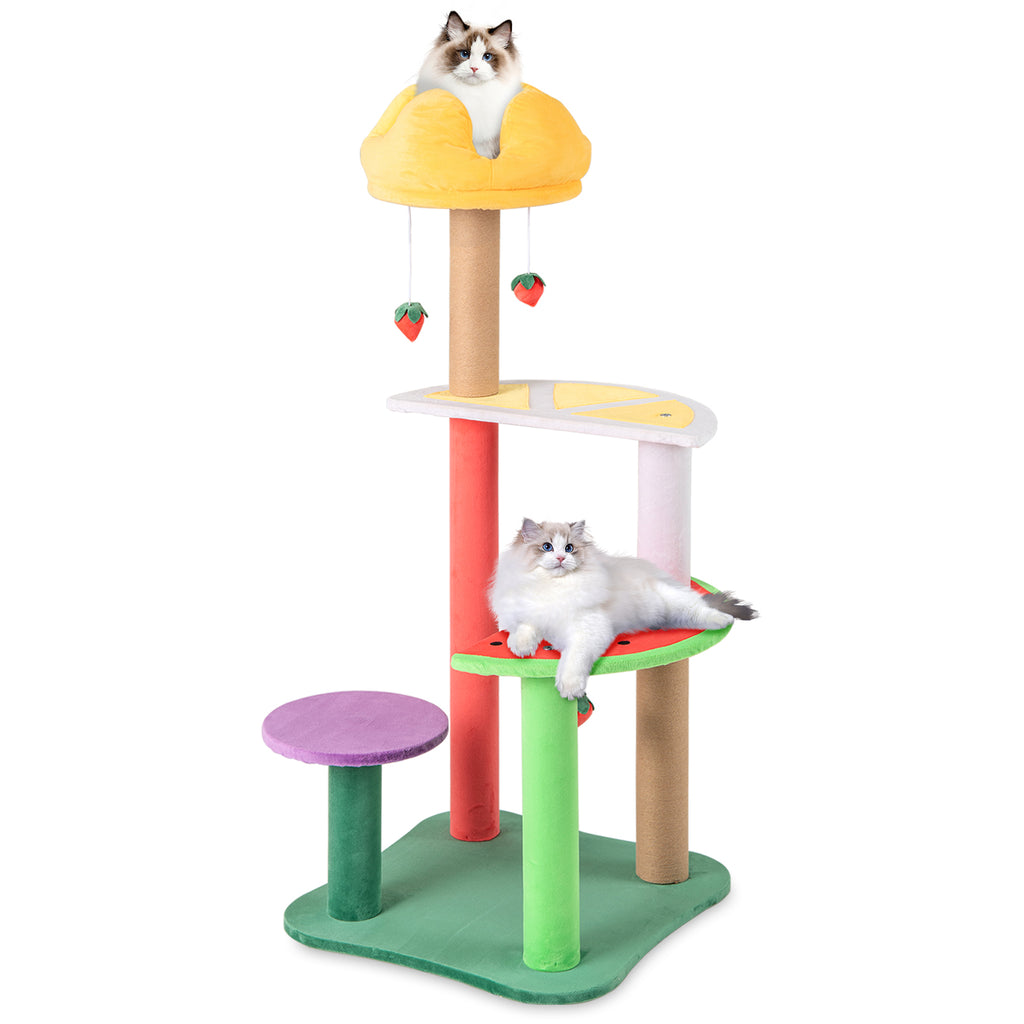 45 Inch Multi-Level Cat Tree with Plush Padded Top Perch and Fruit-Shaped Platforms - Costway