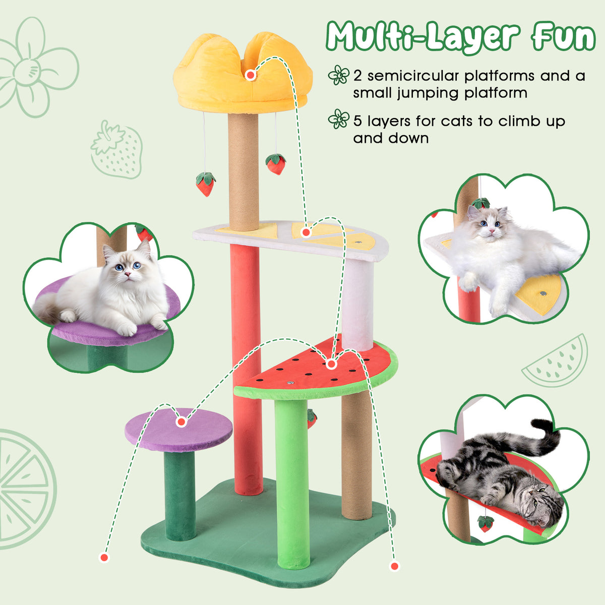 45 Inch Multi-Level Cat Tree with Plush Padded Top Perch and Fruit-Shaped Platforms - Costway