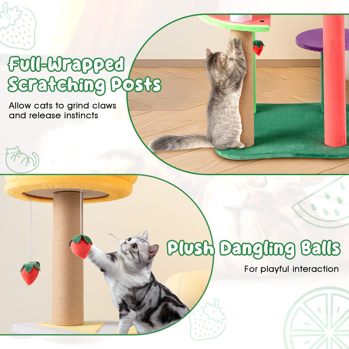 45 Inch Multi-Level Cat Tree with Plush Padded Top Perch and Fruit-Shaped Platforms - Costway