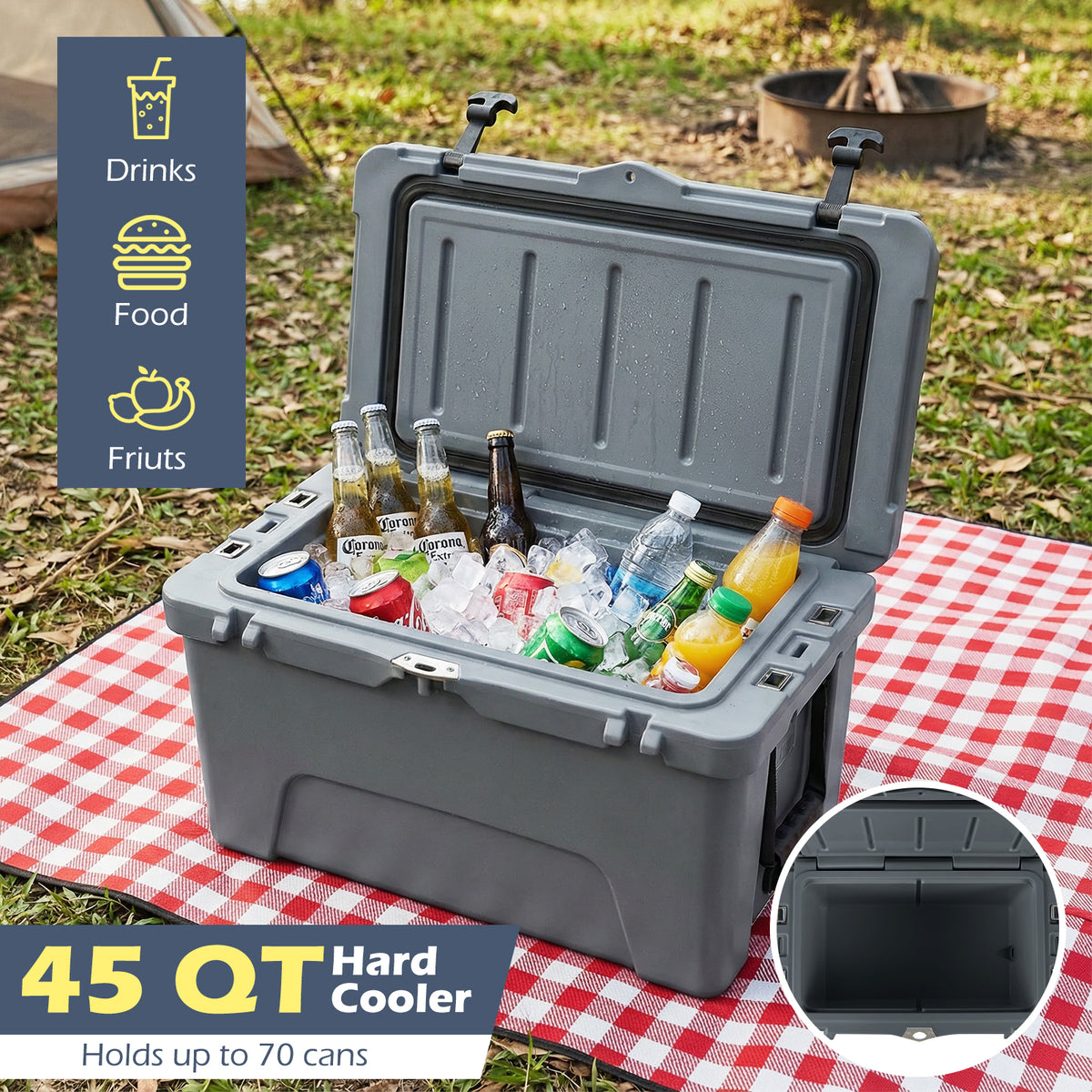 45 Quart Portable Hard Cooler – 6-Day Ice Retention – Gray