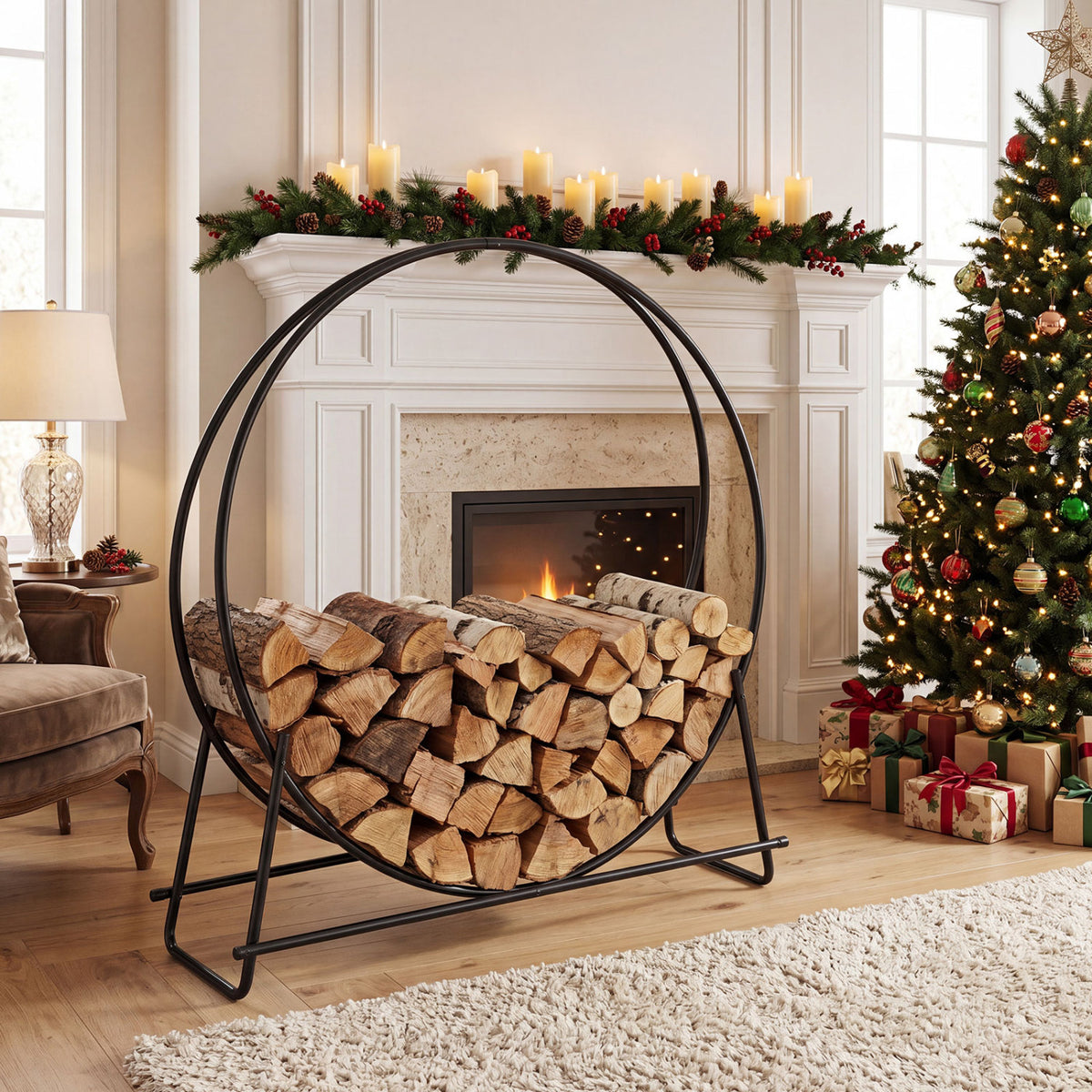 45" Round Firewood Rack with Heavy-Duty Metal Frame