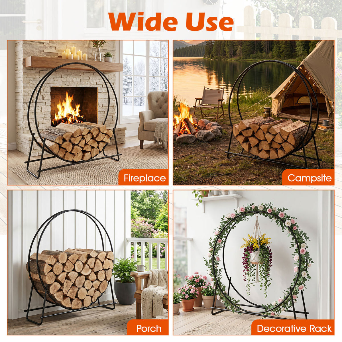 45" Round Firewood Rack with Heavy-Duty Metal Frame