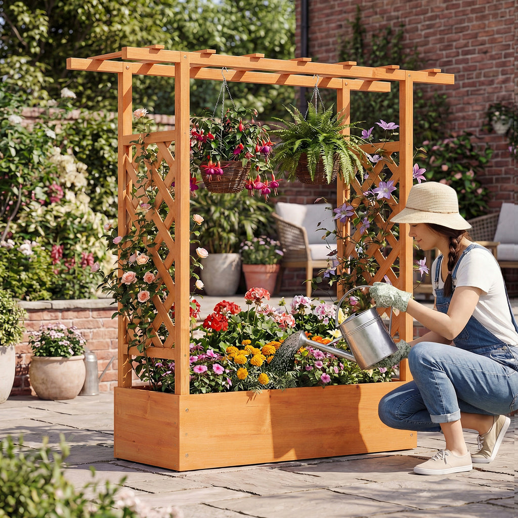 45 inch Tall Wooden Raised Garden Bed with Side Trellis and Hanging