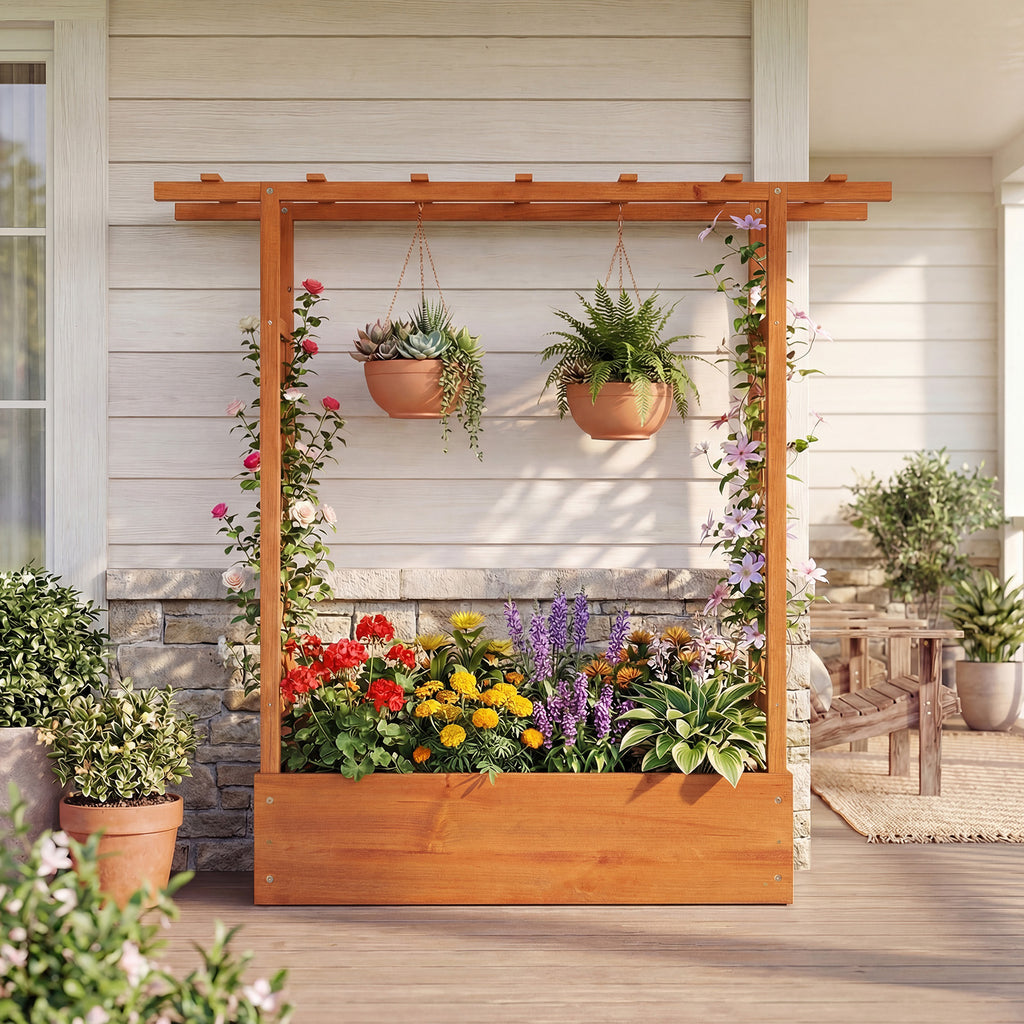 45 inch Tall Wooden Raised Garden Bed with Side Trellis and Hanging