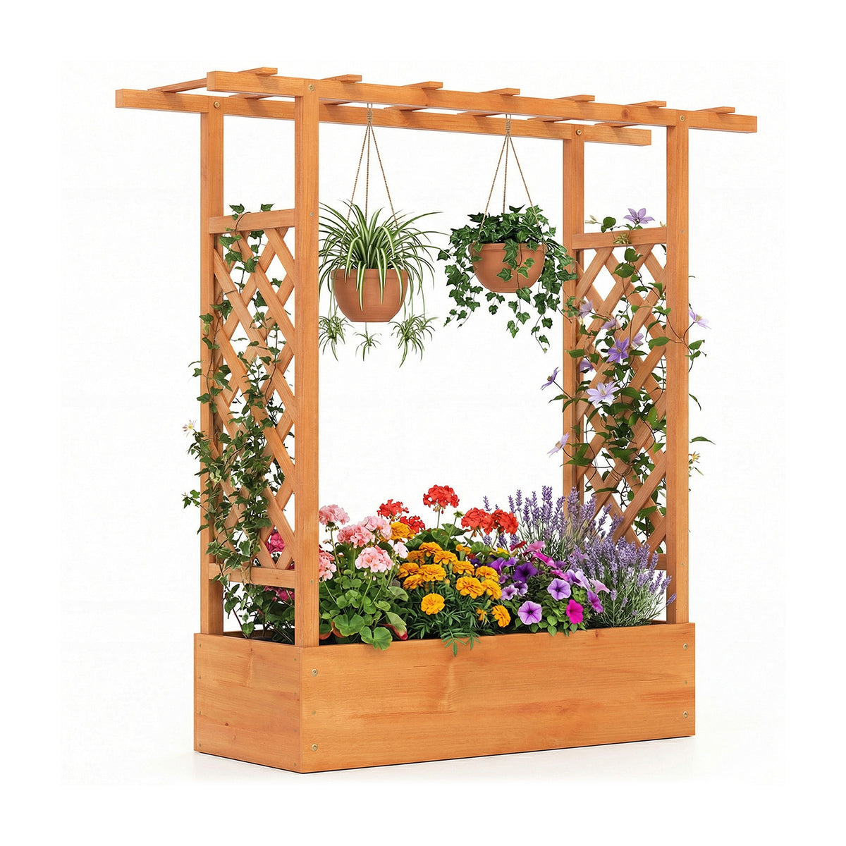 45 inch Tall Wooden Raised Garden Bed with Side Trellis and Hanging