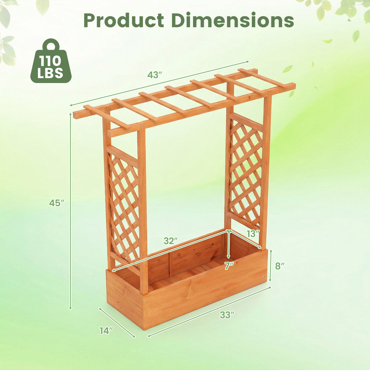 45 inch Tall Wooden Raised Garden Bed with Side Trellis and Hanging