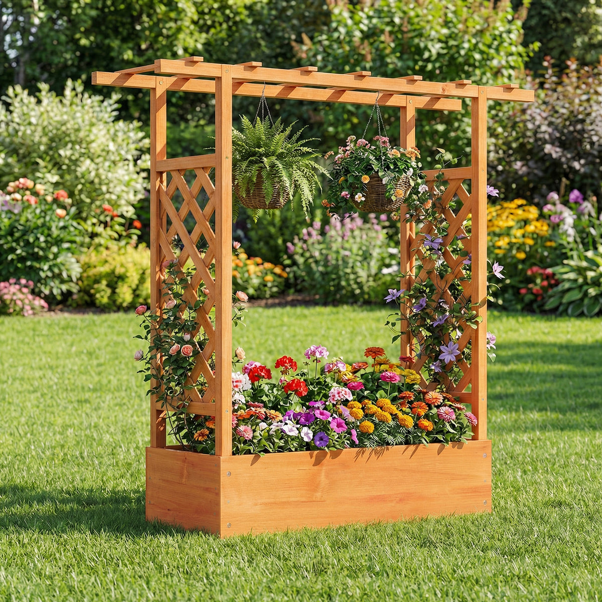 45 inch Tall Wooden Raised Garden Bed with Side Trellis and Hanging