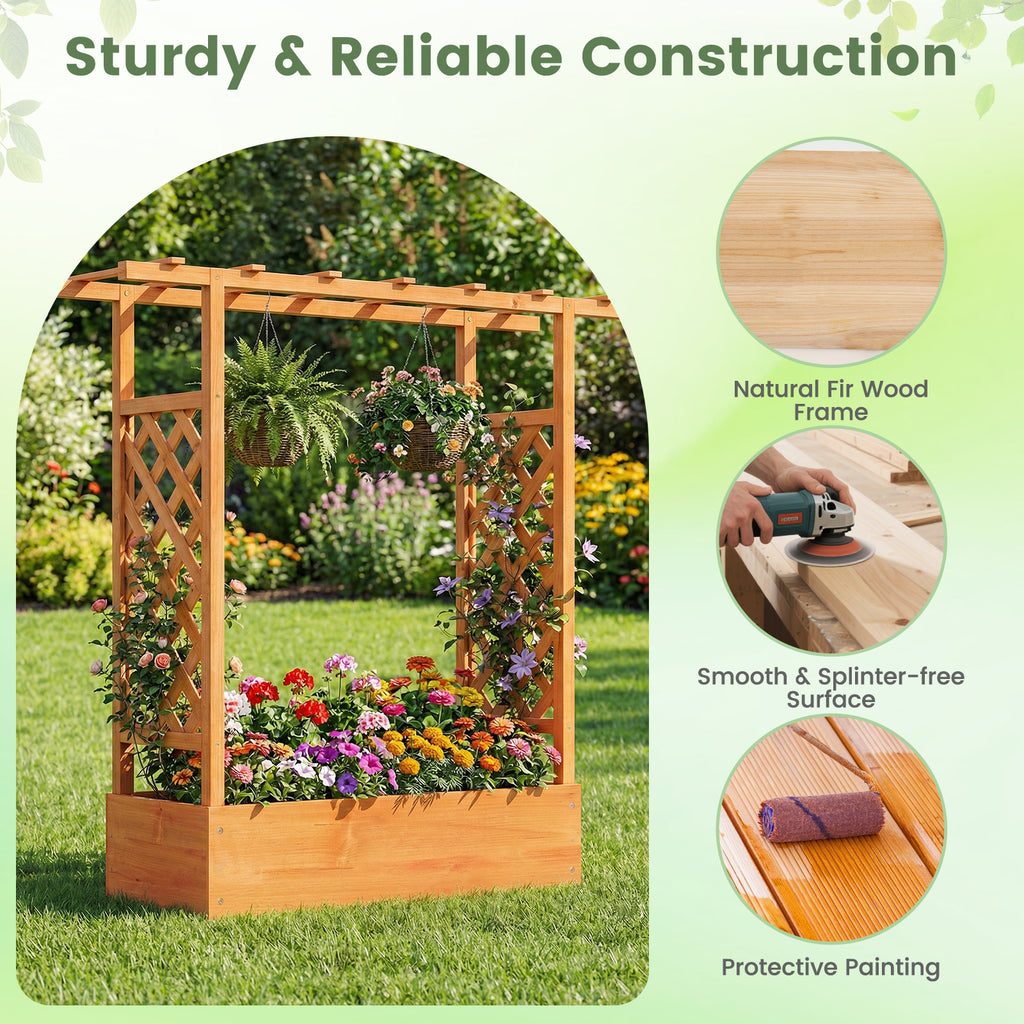 45 inch Tall Wooden Raised Garden Bed with Side Trellis and Hanging