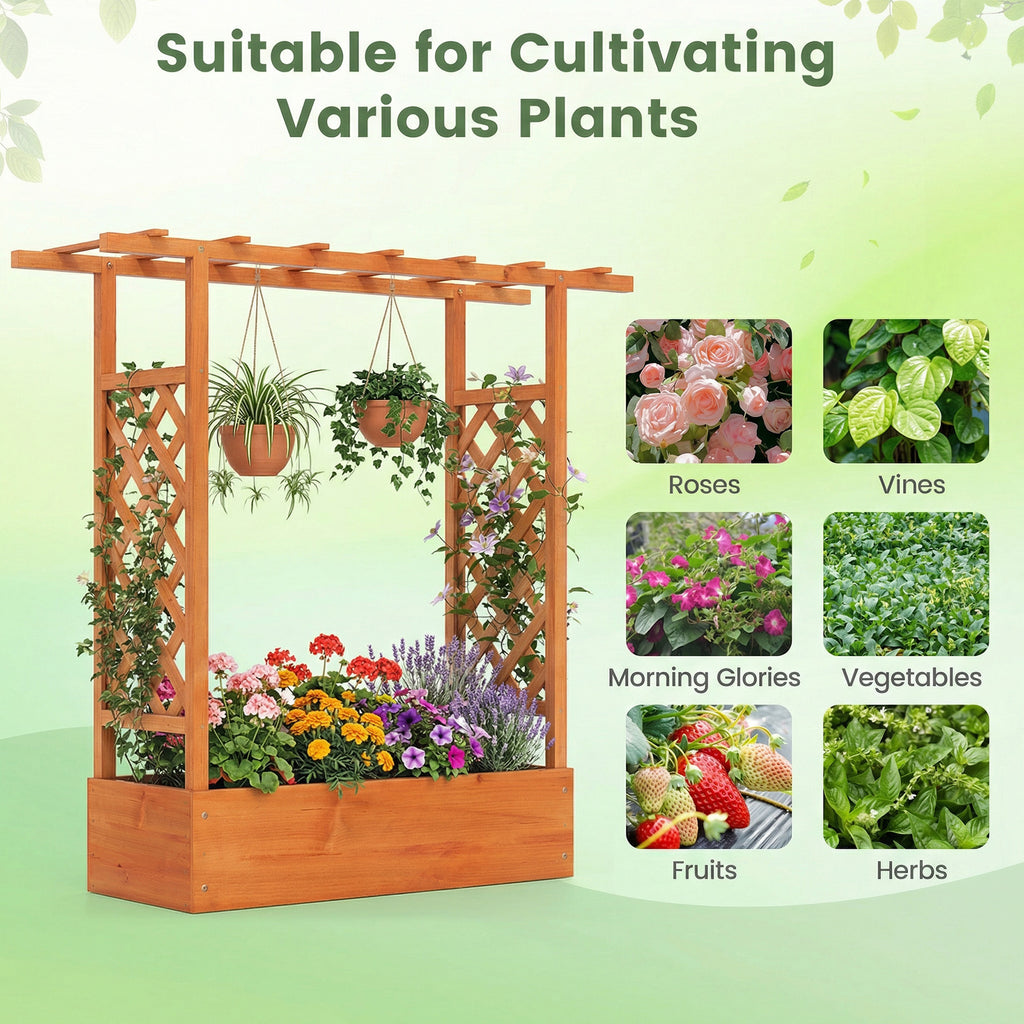 45 inch Tall Wooden Raised Garden Bed with Side Trellis and Hanging