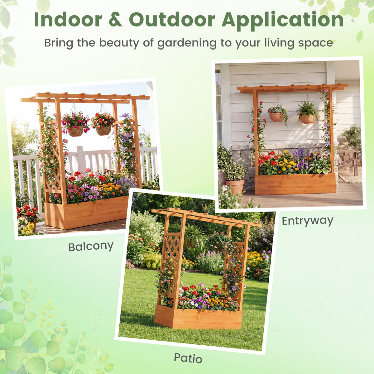 45 inch Tall Wooden Raised Garden Bed with Side Trellis and Hanging