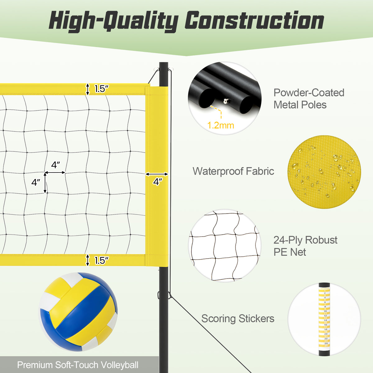 Outdoor Volleyball Net Set - Heavy Duty Adjustable Volleyball System with Carrying Bag - Yellow Variation
