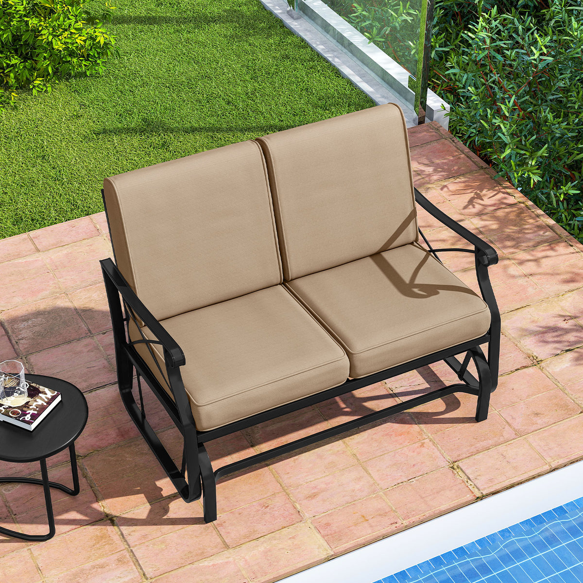 2-Person Outdoor Glider Loveseat with Cushions, Brown - 47 Inch