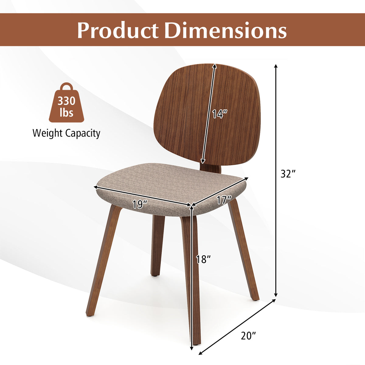 Wooden Dining Chair Set of 2 - Walnut Bentwood Frame