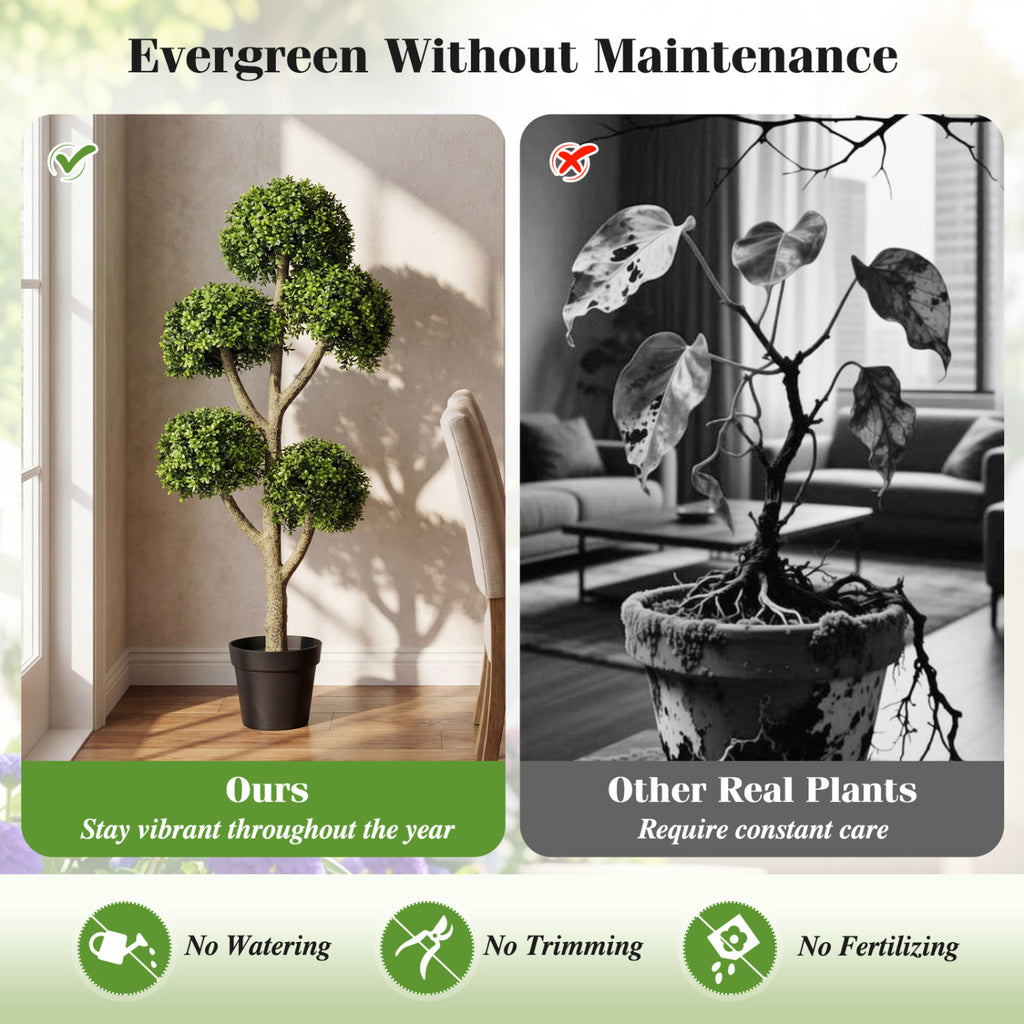 Costway 46-Inch Artificial Boxwood Topiary Tree with 5 Ball-Shaped Topiaries - Fake Potted Tree