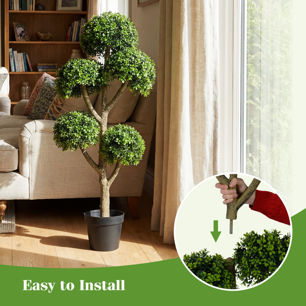 Costway 46-Inch Artificial Boxwood Topiary Tree with 5 Ball-Shaped Topiaries - Fake Potted Tree