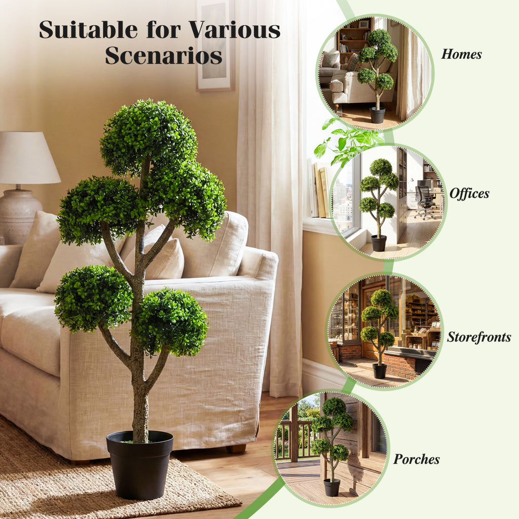 Costway 46-Inch Artificial Boxwood Topiary Tree with 5 Ball-Shaped Topiaries - Fake Potted Tree