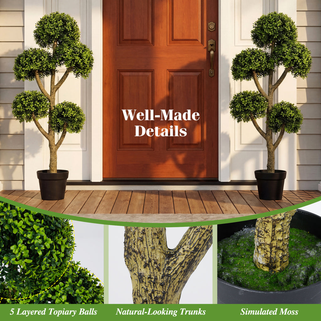 Costway 46-Inch Artificial Boxwood Topiary Tree with 5 Ball-Shaped Topiaries - Fake Potted Tree