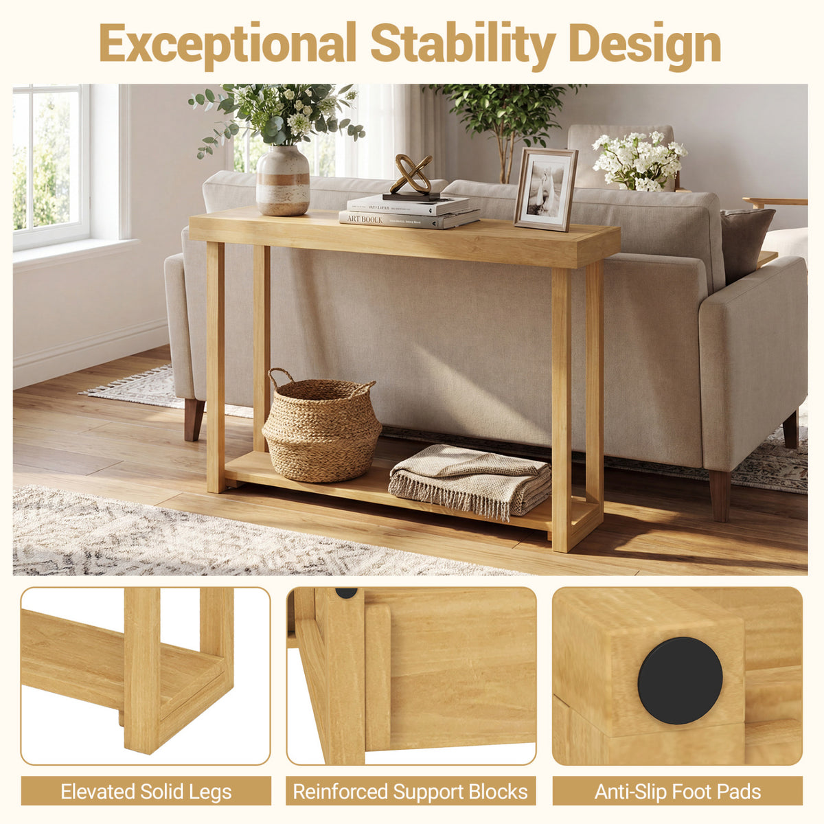 46 Inch Solid Wood Console Table - 2-Tier Farmhouse