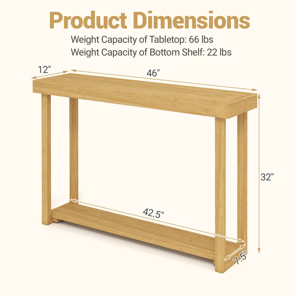 46 Inch Solid Wood Console Table - 2-Tier Farmhouse