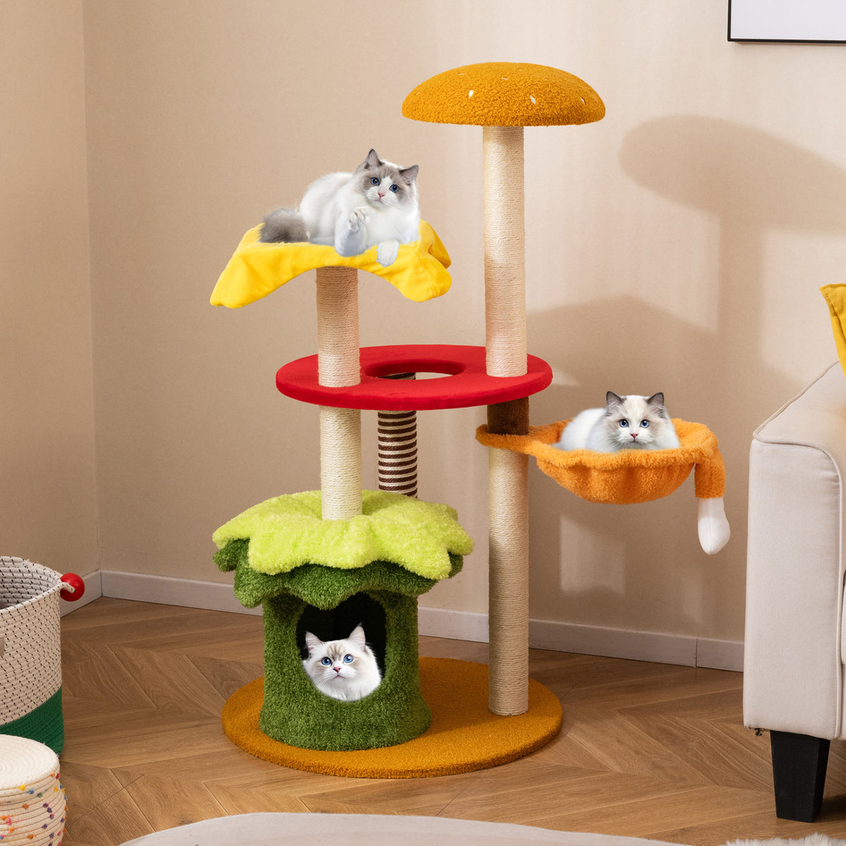 46 Inch Tall Multi-Level Cat Tree with Padded Perch, Condo & Hanging Basket Bed - Yellow Variation