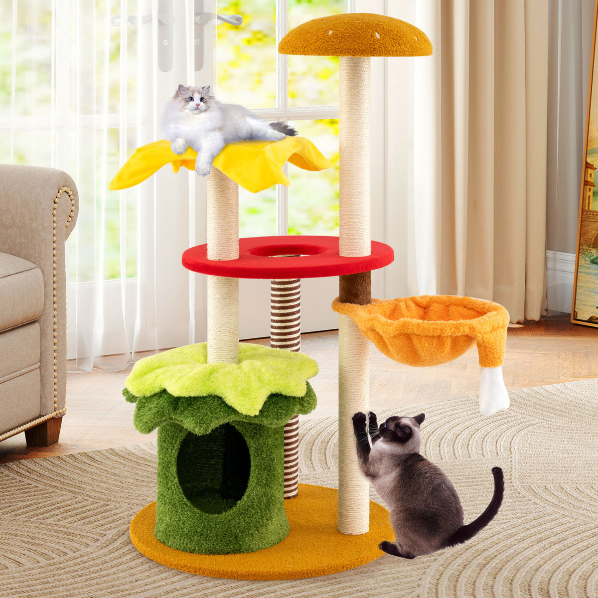 46 Inch Tall Multi-Level Cat Tree with Padded Perch, Condo & Hanging Basket Bed - Yellow Variation