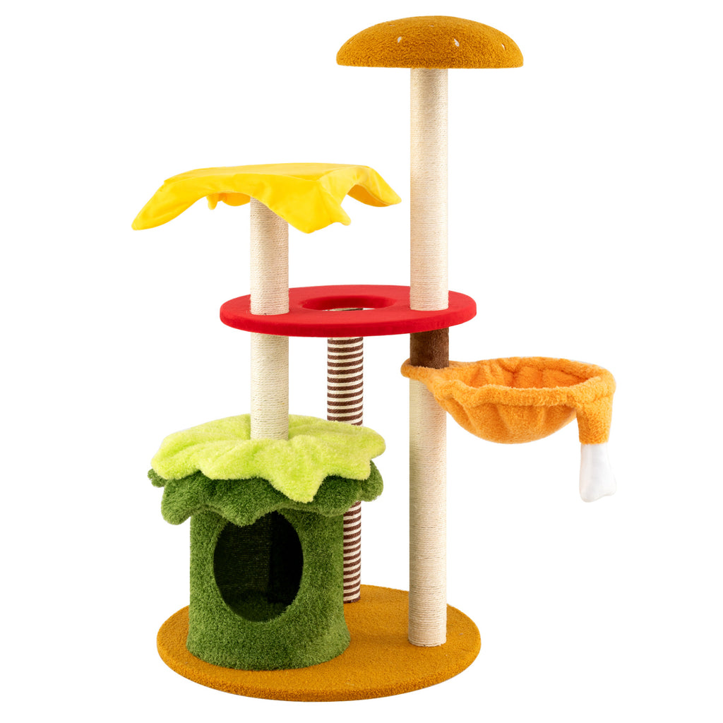 46 Inch Tall Multi-Level Cat Tree with Padded Perch, Condo & Hanging Basket Bed - Yellow Variation