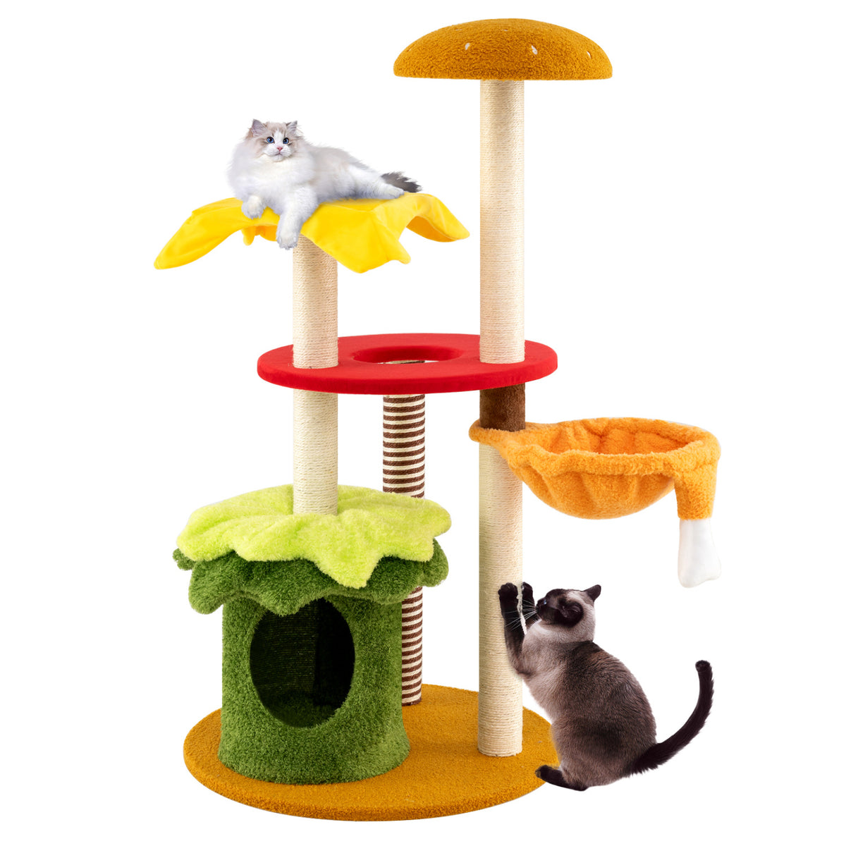 46 Inch Tall Multi-Level Cat Tree with Padded Perch, Condo & Hanging Basket Bed - Yellow Variation