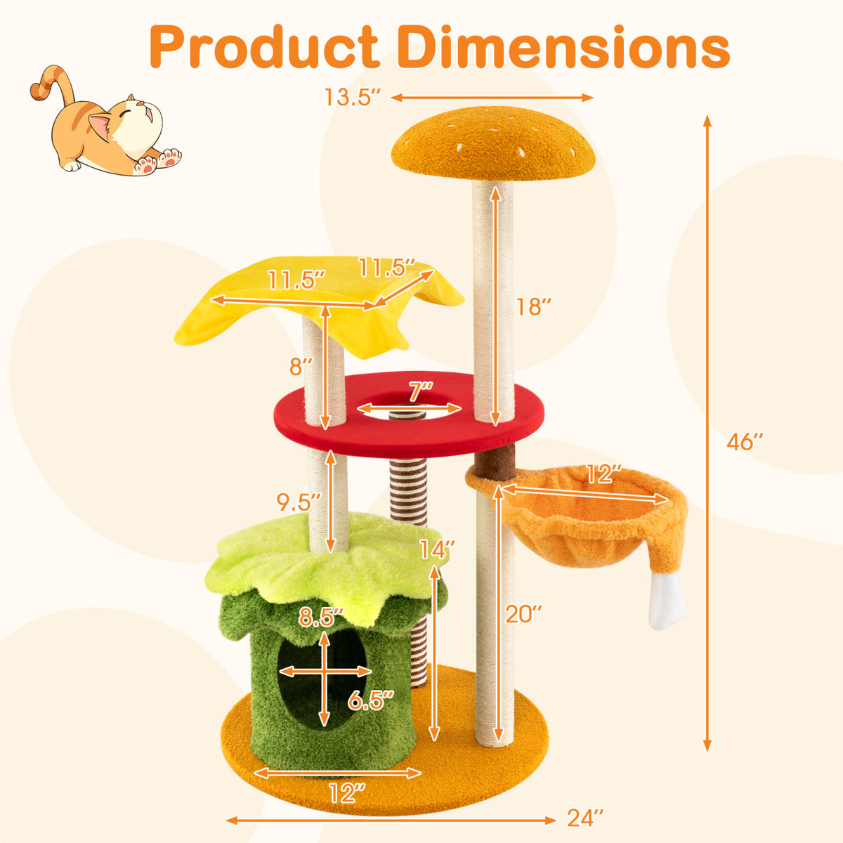 46 Inch Tall Multi-Level Cat Tree with Padded Perch, Condo & Hanging Basket Bed - Yellow Variation