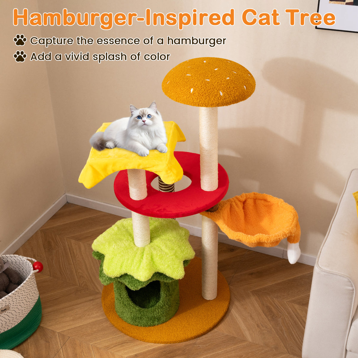 46 Inch Tall Multi-Level Cat Tree with Padded Perch, Condo & Hanging Basket Bed - Yellow Variation